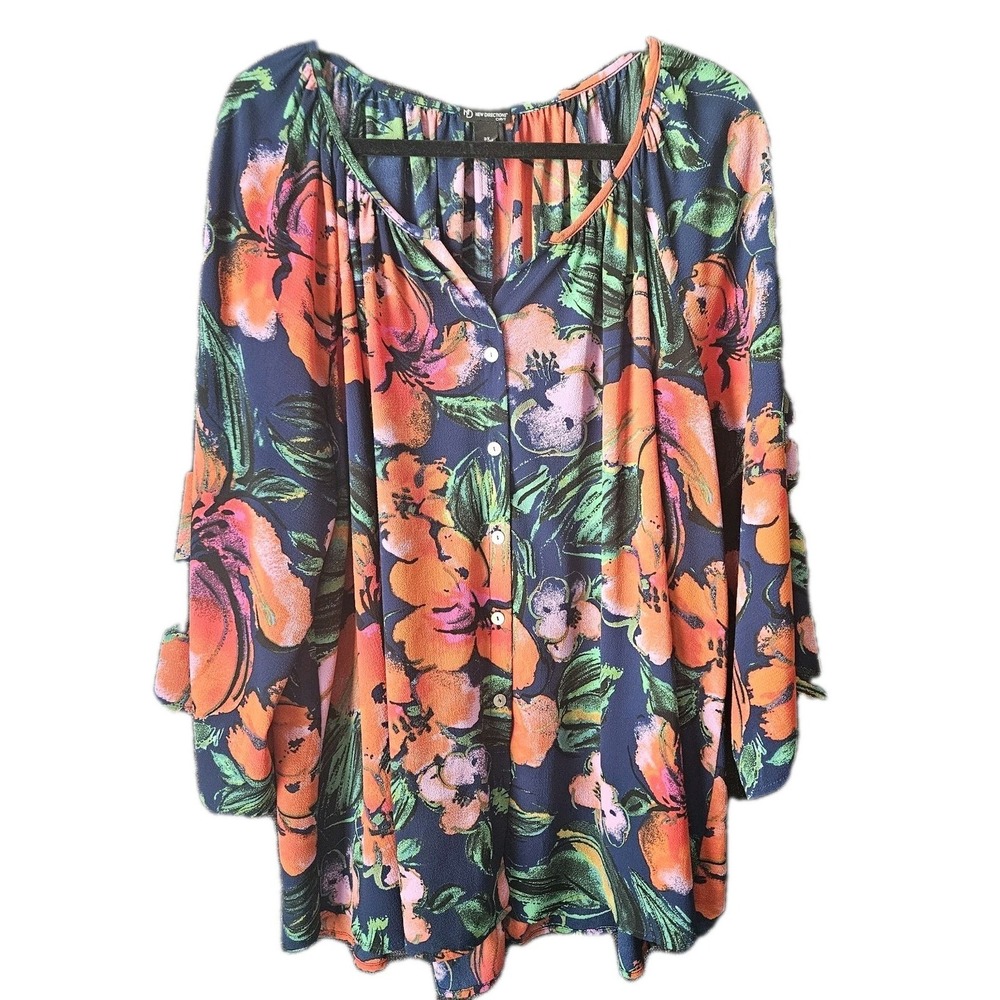 New Directions Curvy Women's Floral 3/4 Sleeve Button Down Career Blouse 3X Plus
